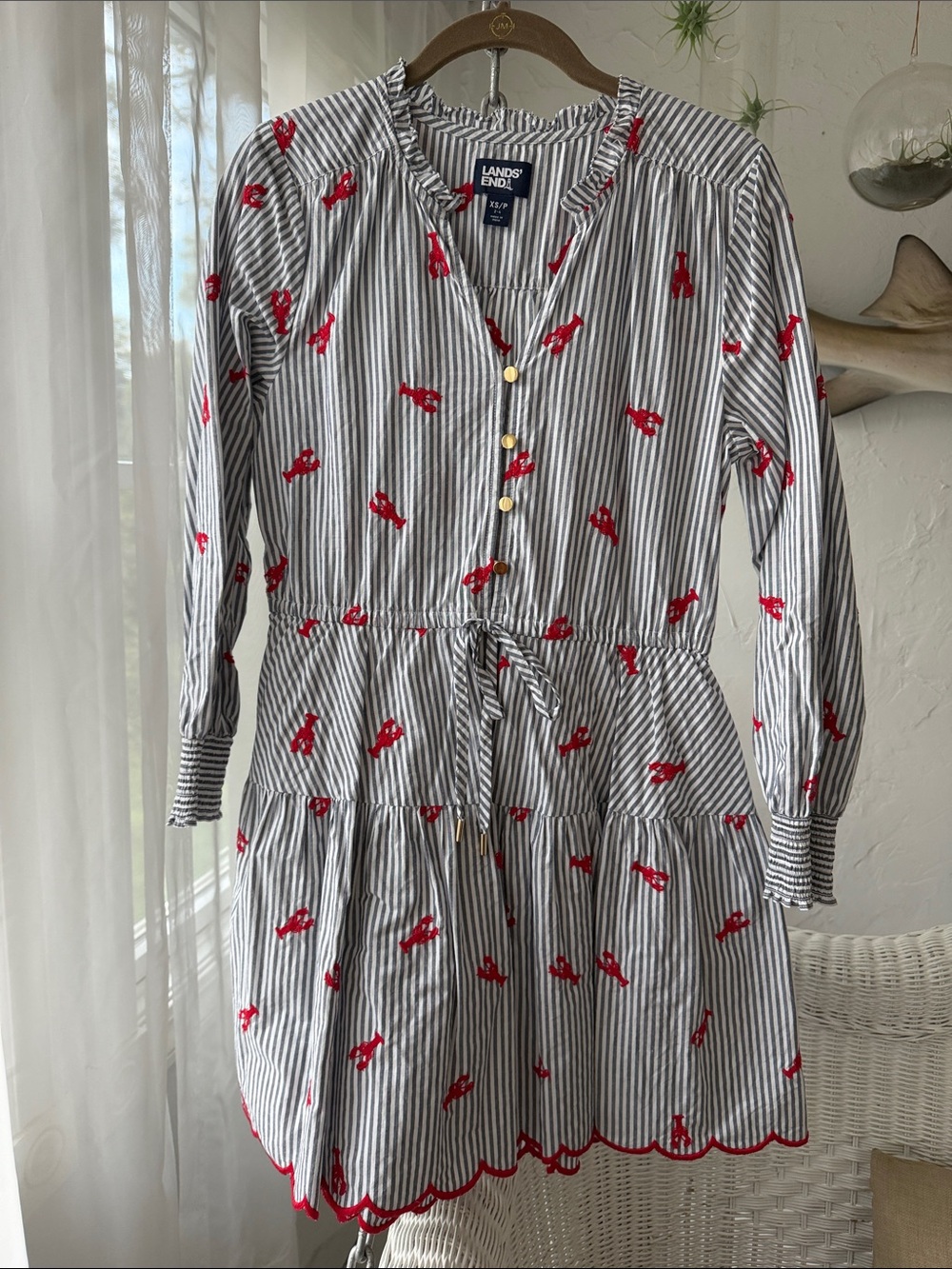 Lands' End Navy and White Striped Dress with Red Lobster Print